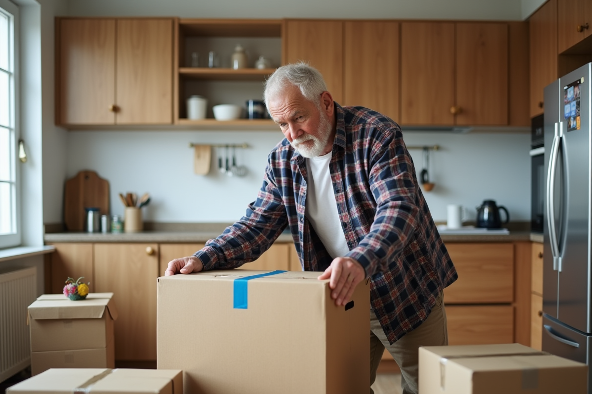 Homme scellant une caisse dans une cuisine moderne