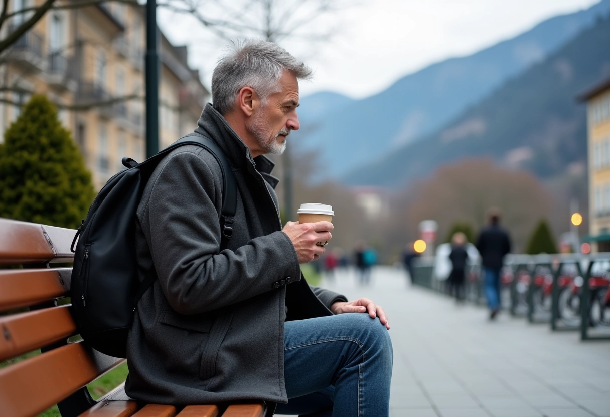 Homme assis sur un banc à Grenoble buvant un café