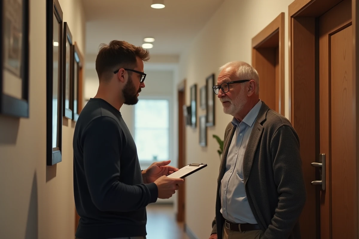 Homme age discute avec un agent d