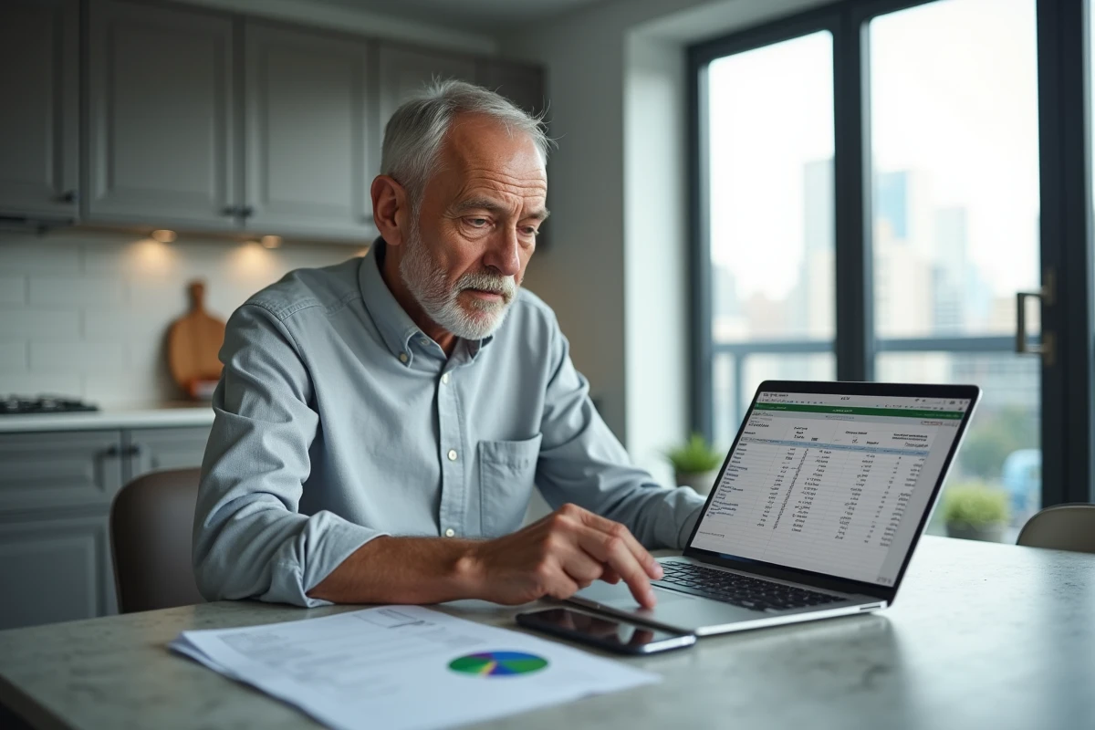 Homme senior consultant un simulateur viager sur Excel dans une cuisine moderne avec des documents financiers