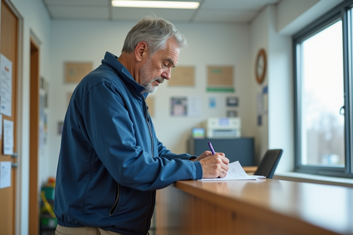 Homme d'âge moyen remplissant un formulaire dans un centre communautaire
