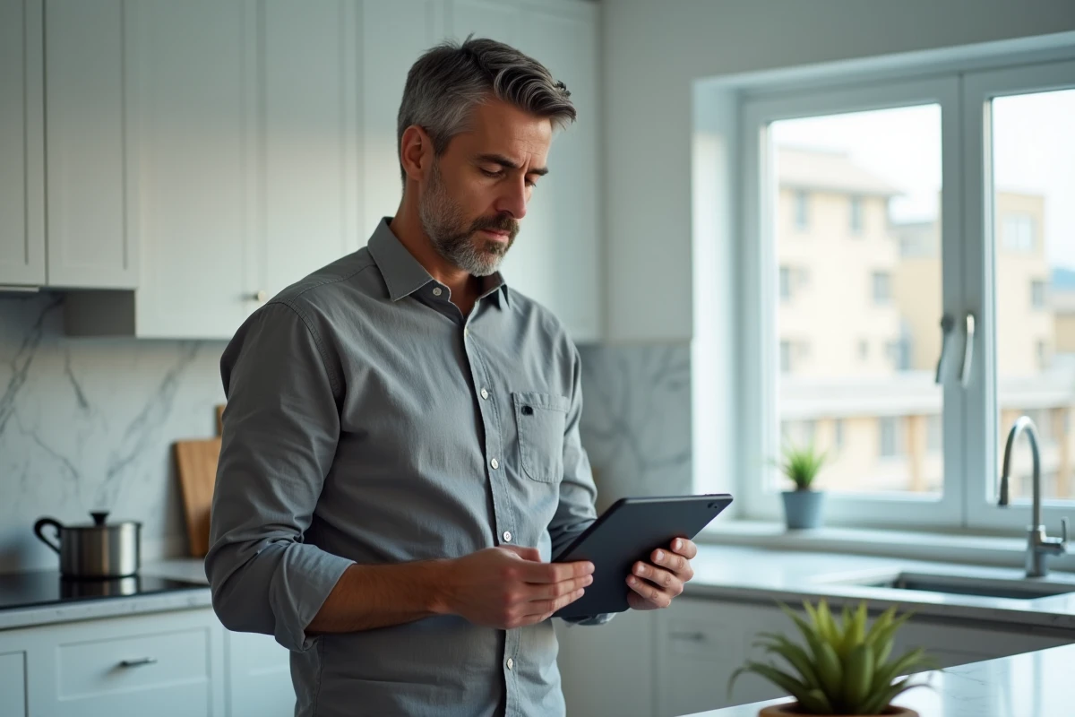 Homme consultant ses documents de location sur une tablette dans une cuisine moderne pour accéder à myfoncia
