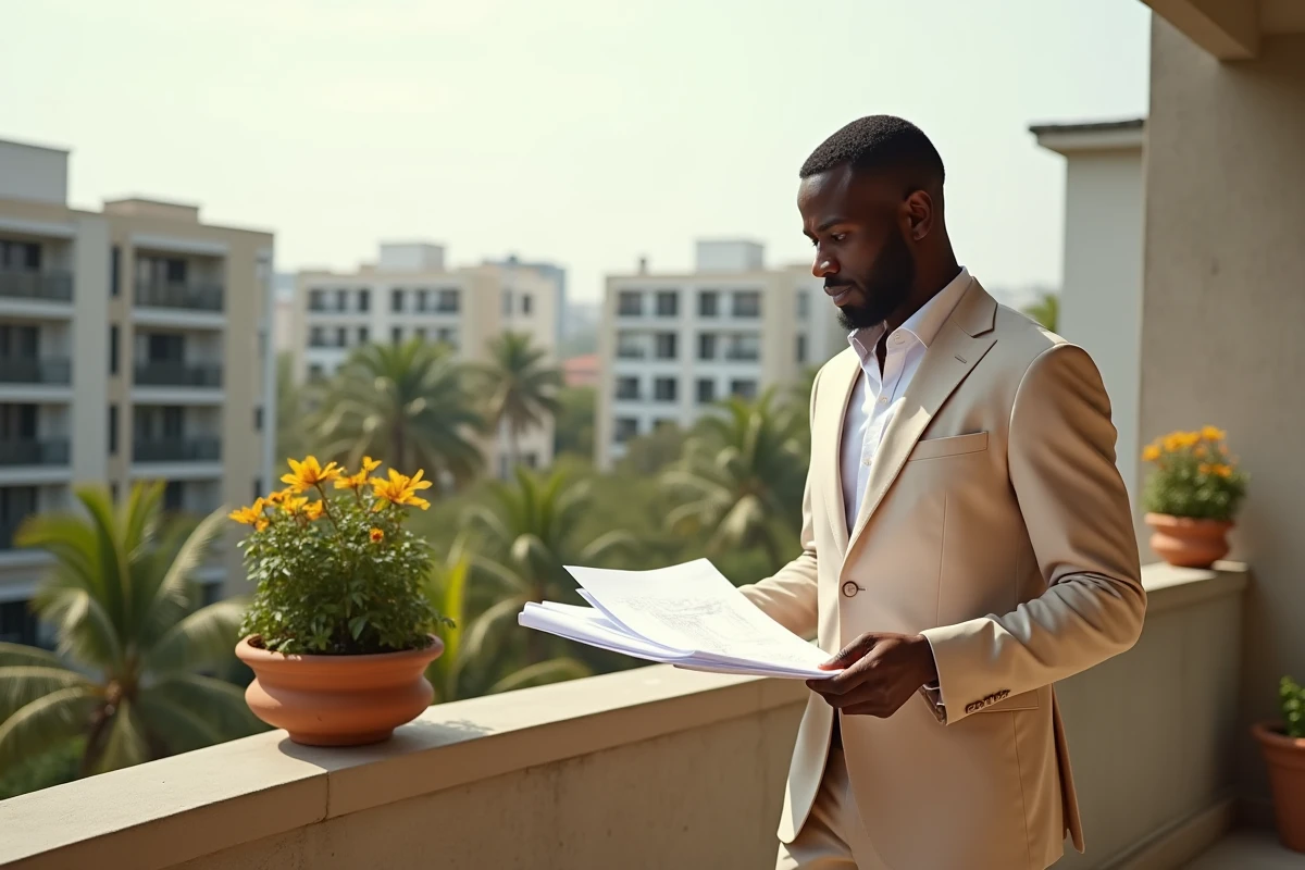 Homme en costume lin sur une terrasse d'appartement luxueux à Cocody Abidjan consultant des plans architecturaux