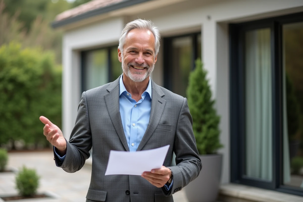 Homme souriant avec rapport immobilier en extérieur