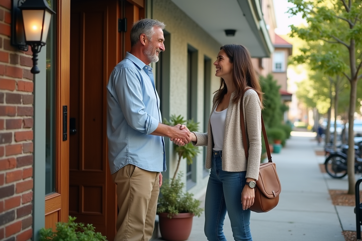 Hôte accueillant une invitée devant une maison charmante