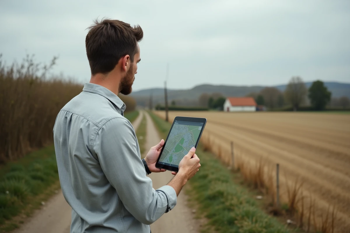 Homme sur le terrain consultant une application de cartographie parcellaire pour identifier le propriétaire d'un terrain agricole