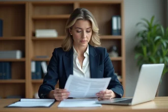 Professionnelle en bureau examinant des documents d'immatriculation d'immeuble en copropriété
