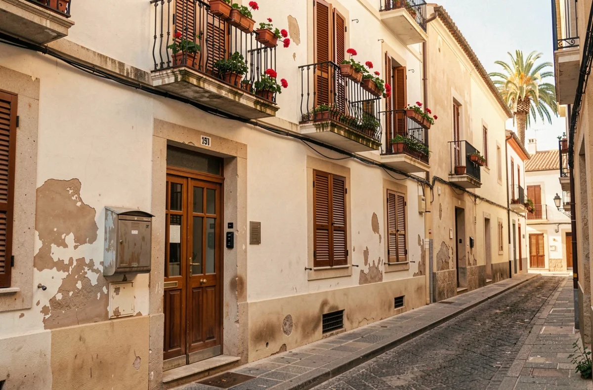 Façade d'immeuble locatif espagnol avec balcons en fer forgé et boîtes aux lettres, quartier méditerranéen