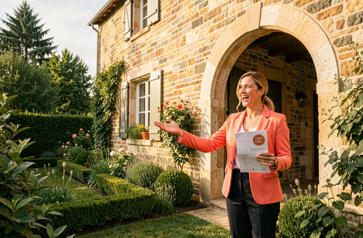 Agente d'Immo Passion présentant avec enthousiasme une maison en pierre rénovée avec jardin en Corrèze