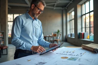 Ingénieur civil analysant les courbes d'évolution de l'indice BT47 sur une tablette dans un bureau de construction moderne