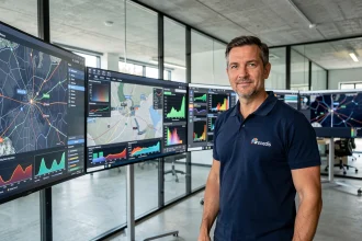 Ingénieur Enedis devant un tableau de bord numérique interactif dans un centre de contrôle connecté