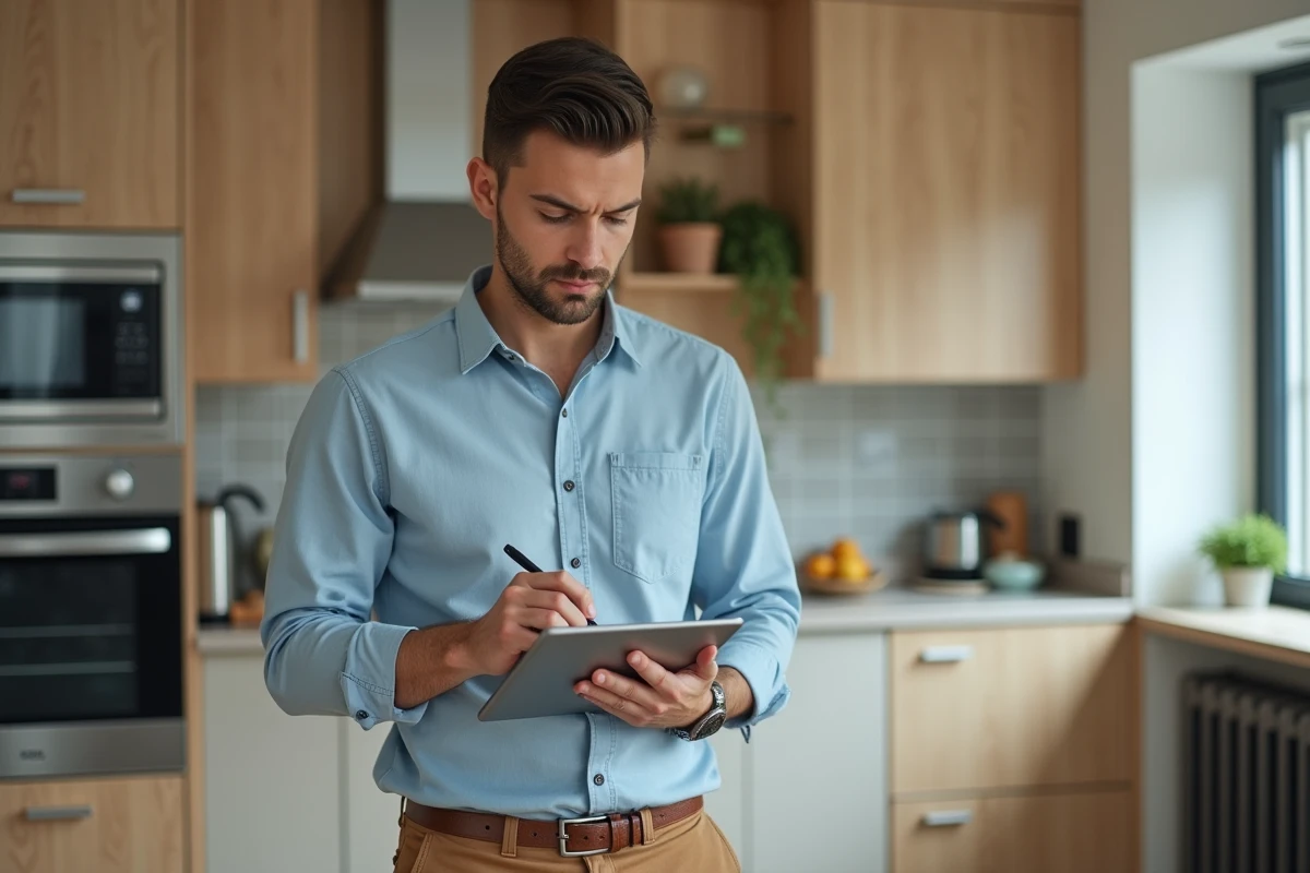 Inspecteur immobilier prenant des notes dans une cuisine rénovée