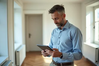 Inspecteur immobilier professionnel avec tablette dans un appartement moderne