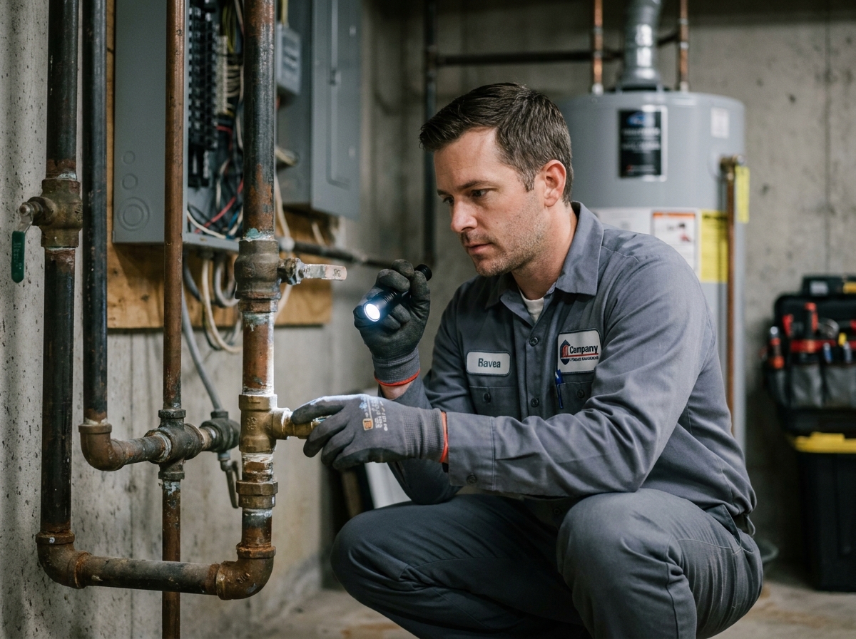 Technicien inspectant les canalisations d'un immeuble en copropriété pour prévenir les dégâts des eaux et réduire la sinistralité