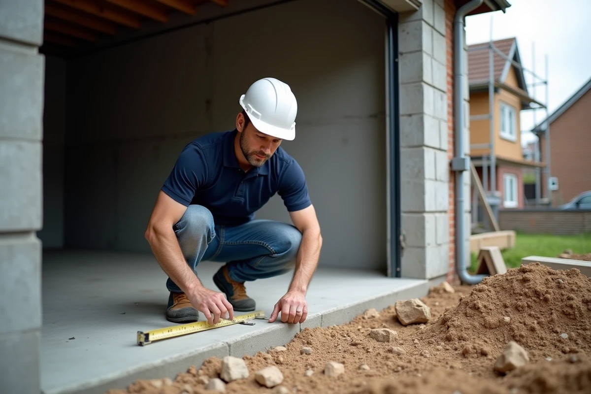 Ingénieur inspectant le joint de fondation entre le mur mitoyen et la dalle de garage d'une maison en construction