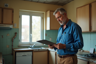Homme inspectant la peinture dans une cuisine modeste