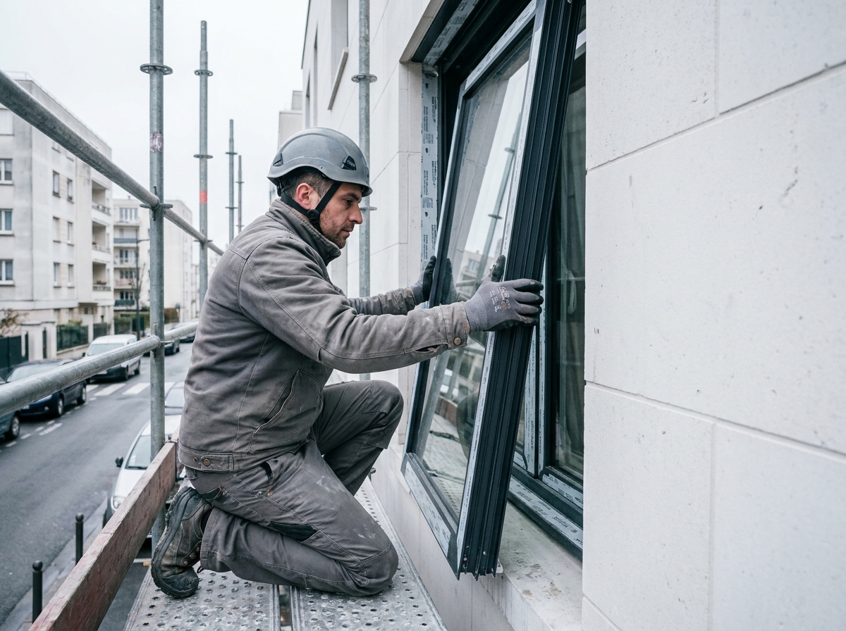 Pose d'une fenêtre en aluminium à double vitrage sur la façade d'un immeuble résidentiel à Courbevoie