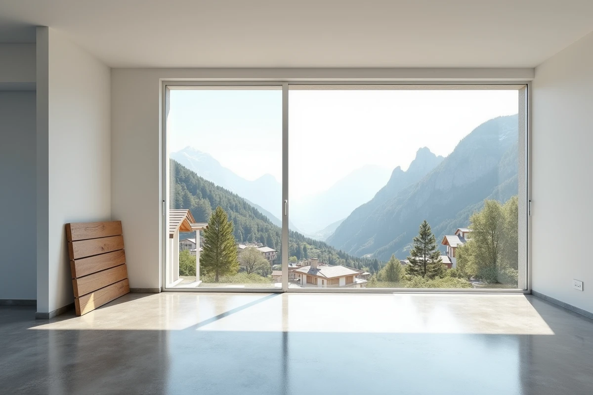 Intérieur d'un appartement neuf à vendre à Andorre avec vue sur la montagne