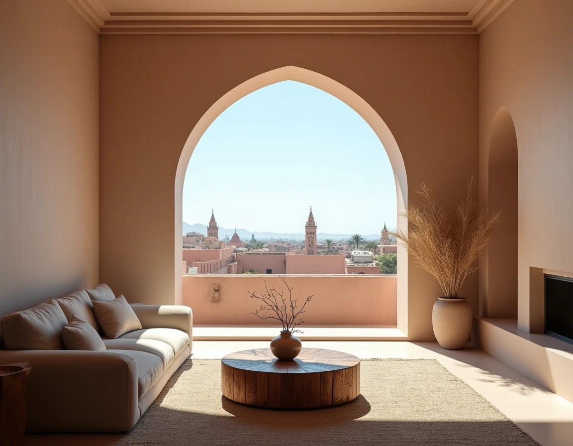 Salon moderne d'un appartement à vendre à Marrakech avec vue sur la médina et décor traditionnel tadelakt
