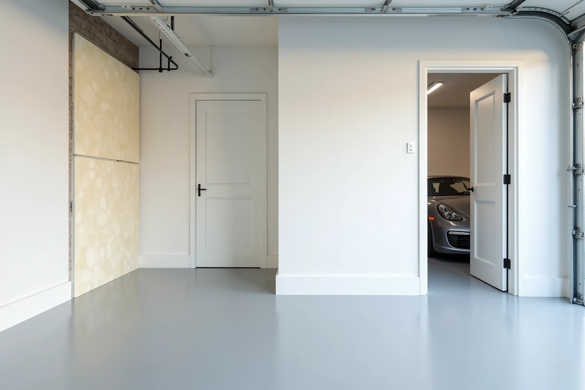 Intérieur de garage mitoyen avec isolation acoustique du mur partagé et porte coupe-feu réglementaire