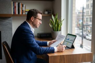 Investisseur particulier analysant des documents financiers sur une SCPI à son bureau à domicile