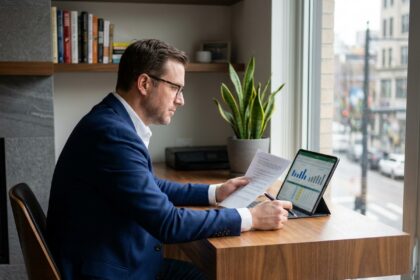 Investisseur particulier analysant des documents financiers sur une SCPI à son bureau à domicile