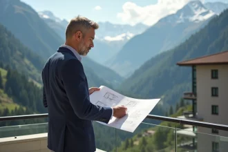 Investisseur immobilier sur un balcon d'appartement à Andorre avec vue sur les Pyrénées