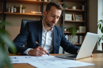 Investisseur immobilier analysant des plans et documents financiers dans un bureau moderne pour un investissement locatif
