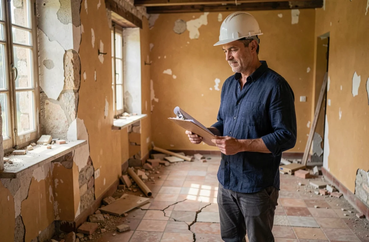 Investisseur immobilier évaluant l'intérieur délabré d'une maison abandonnée en PACA pour un projet de rénovation