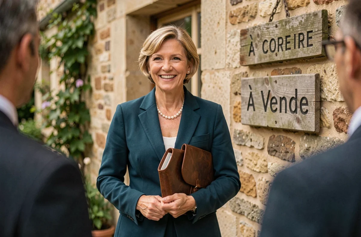 Marie-Claude Mirat, agente d'Itinéraires Immobilier, devant une propriété corrézienne avec panneau à vendre