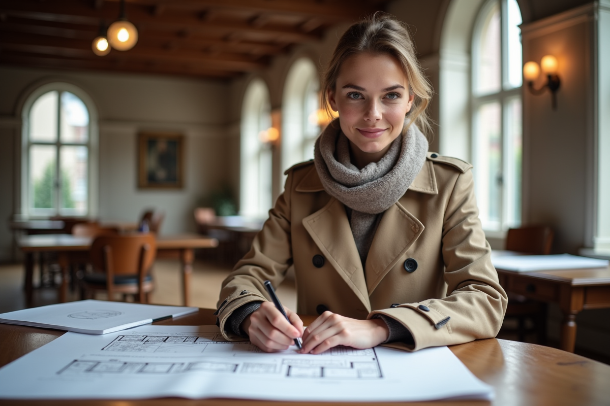 Jeune architecte regardant des plans dans un intérieur moderne