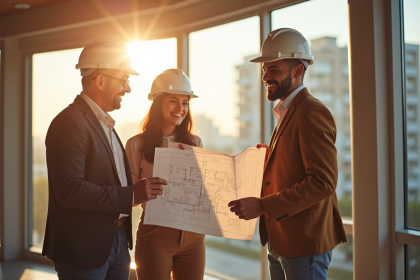 Jeune couple heureux avec agent immobilier dans appartement lumineux