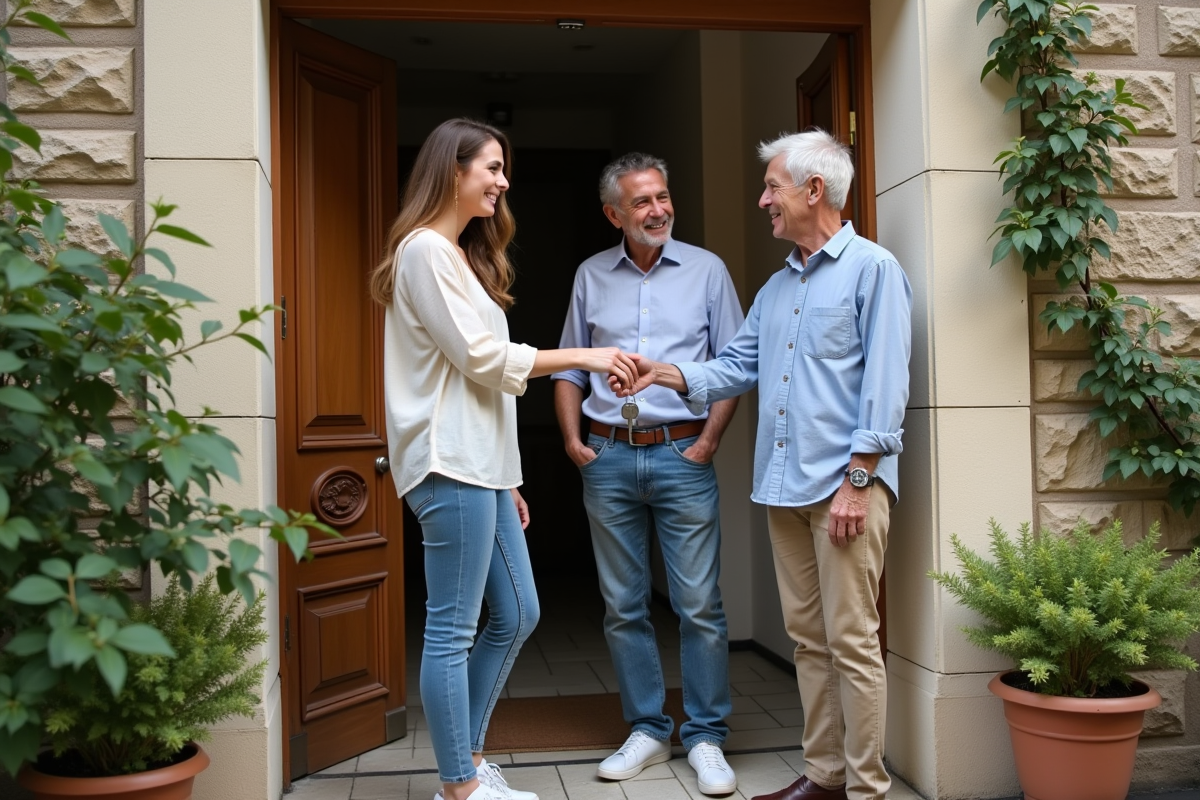 Jeune couple avec un homme plus âgé tenant une clé devant une maison