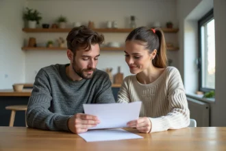 Jeune couple discutant d'un contrat de location dans une cuisine moderne