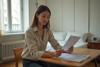 Jeune femme dans un appartement T1 parisien révisant un contrat de bail et un budget loyer sur un bureau en bois