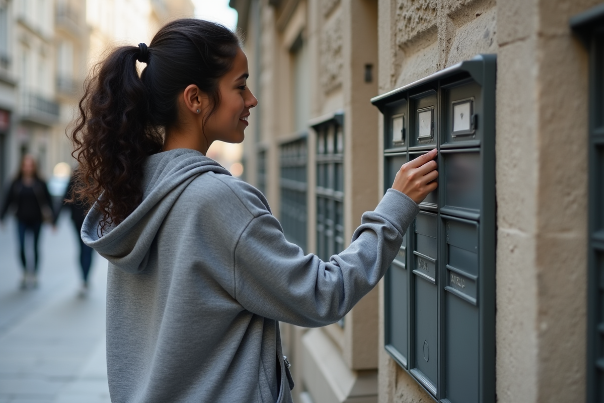 Jeune femme vérifiant sa boîte aux lettres devant une organisation sociale