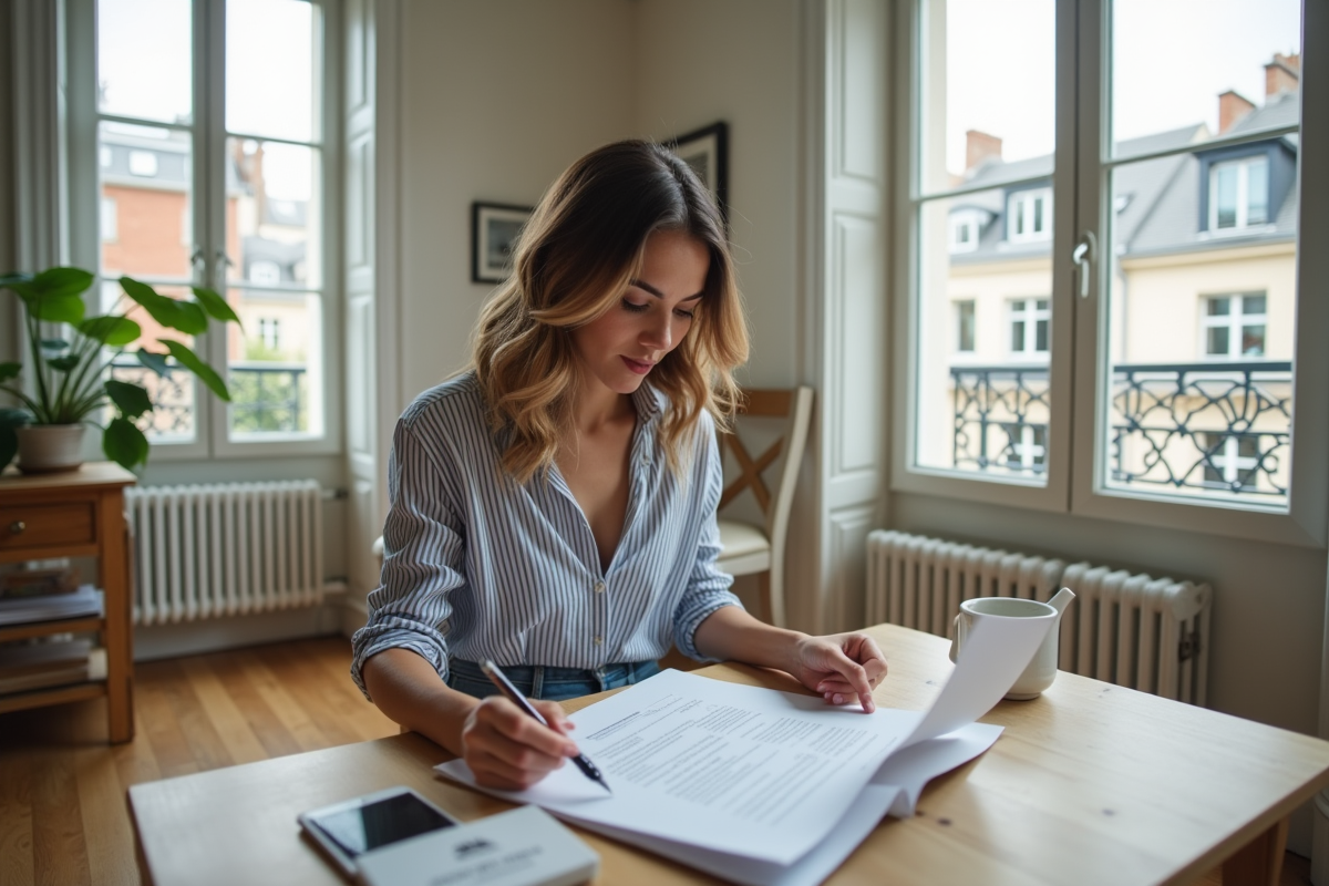 Jeune femme examine un contrat de location dans une cuisine parisienne