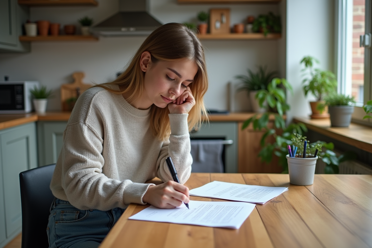 Jeune femme lisant un contrat de location dans son appartement