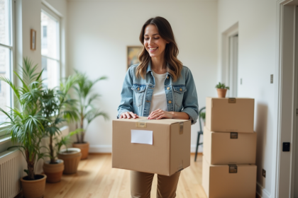 Jeune femme souriante examine une box de déménagement dans un appartement lumineux