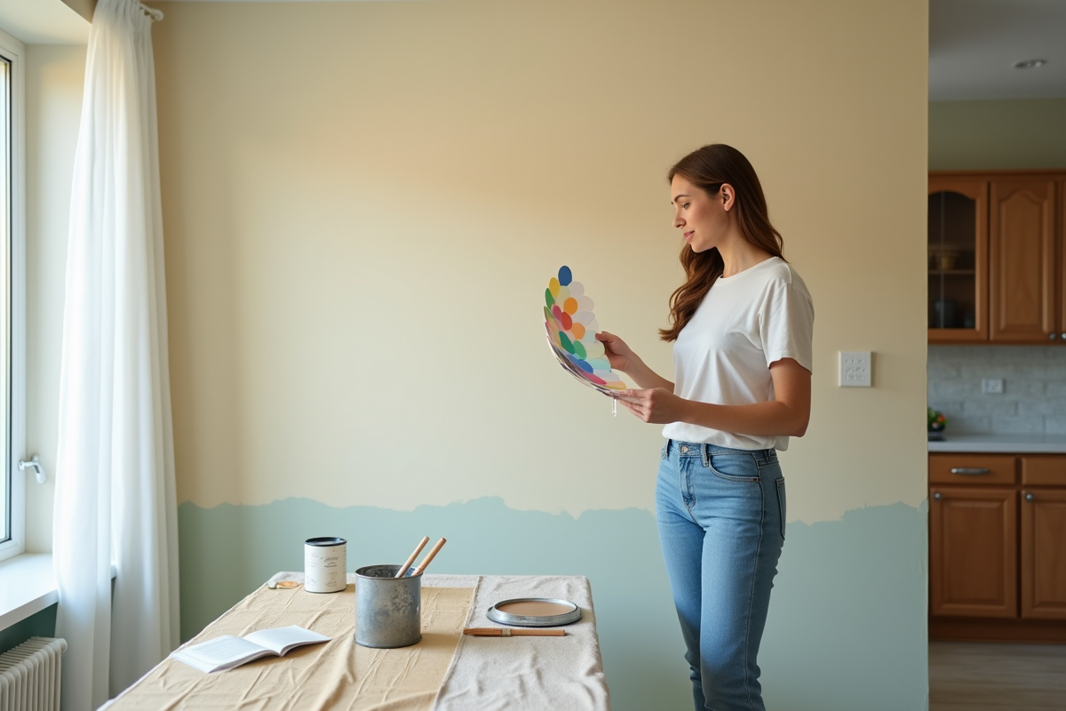 Jeune femme comparant des échantillons de couleur dans la cuisine
