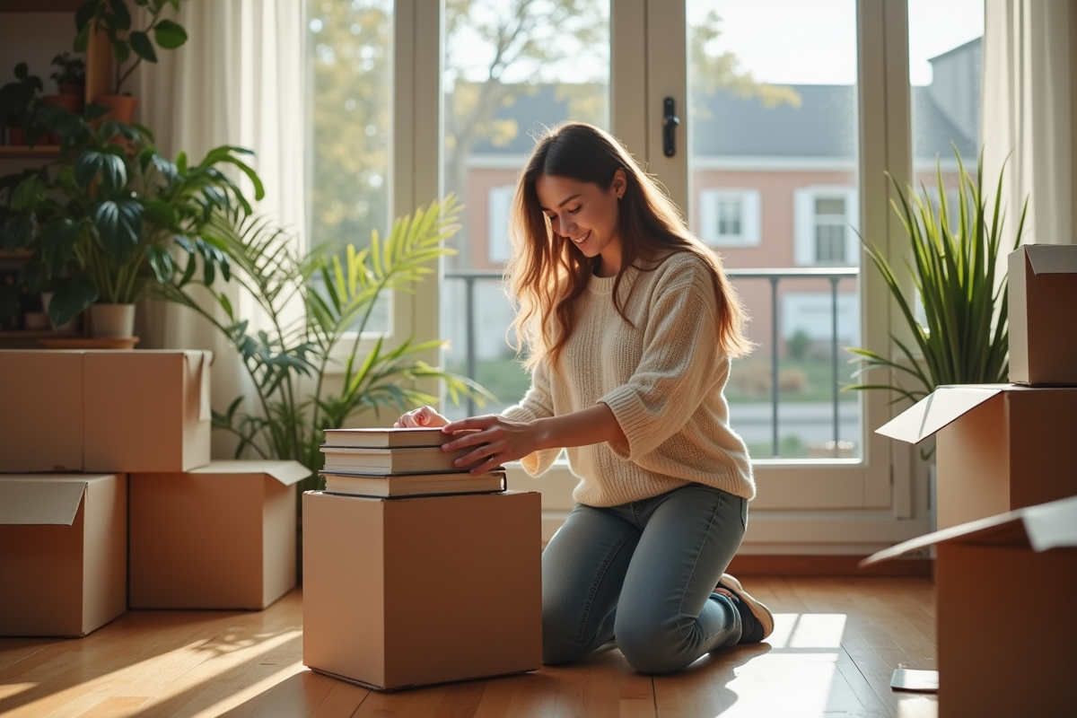 Jeune femme emballant des livres dans une boîte en bois dans un salon lumineux