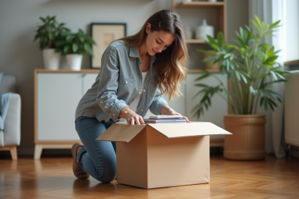 Jeune femme emballant des livres dans un appartement moderne