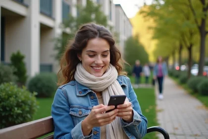 Jeune femme souriante sur un banc dans un parc parisien