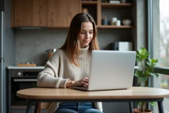 Jeune femme en studio moderne avec ordinateur portable