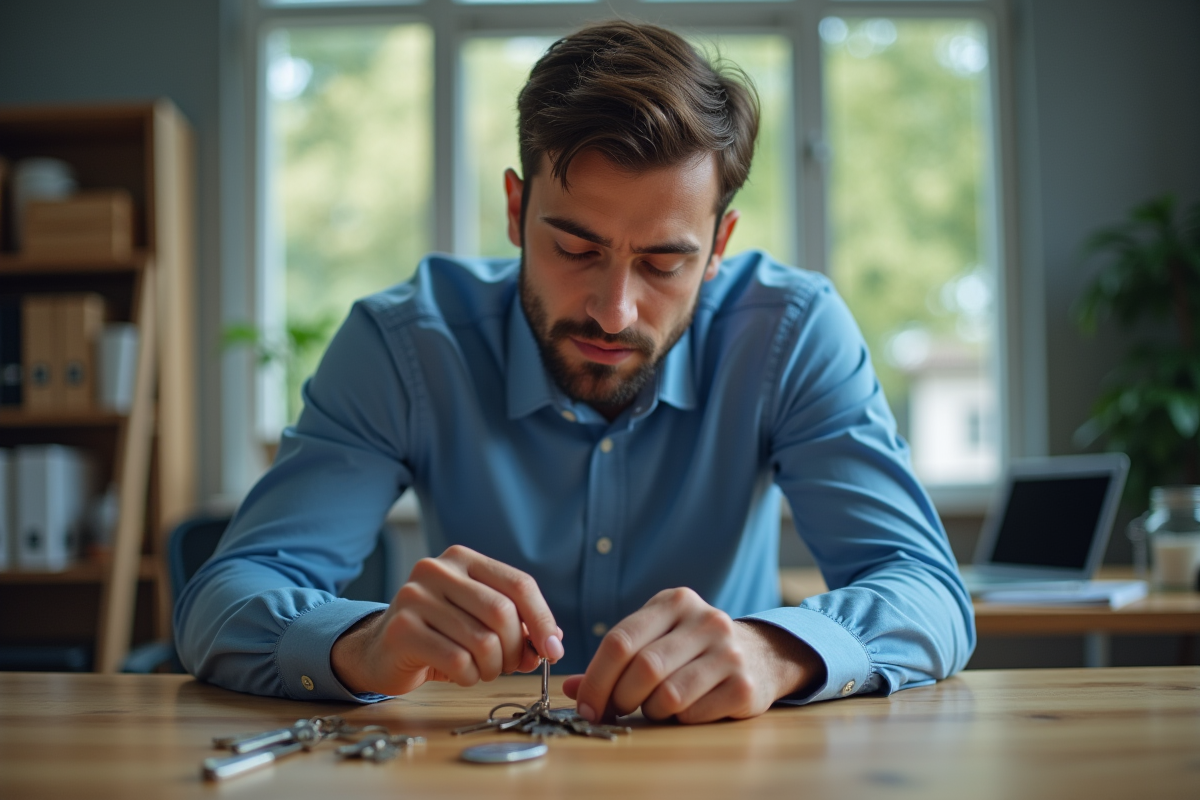 Jeune homme cherchant une clé sur un bureau professionnel