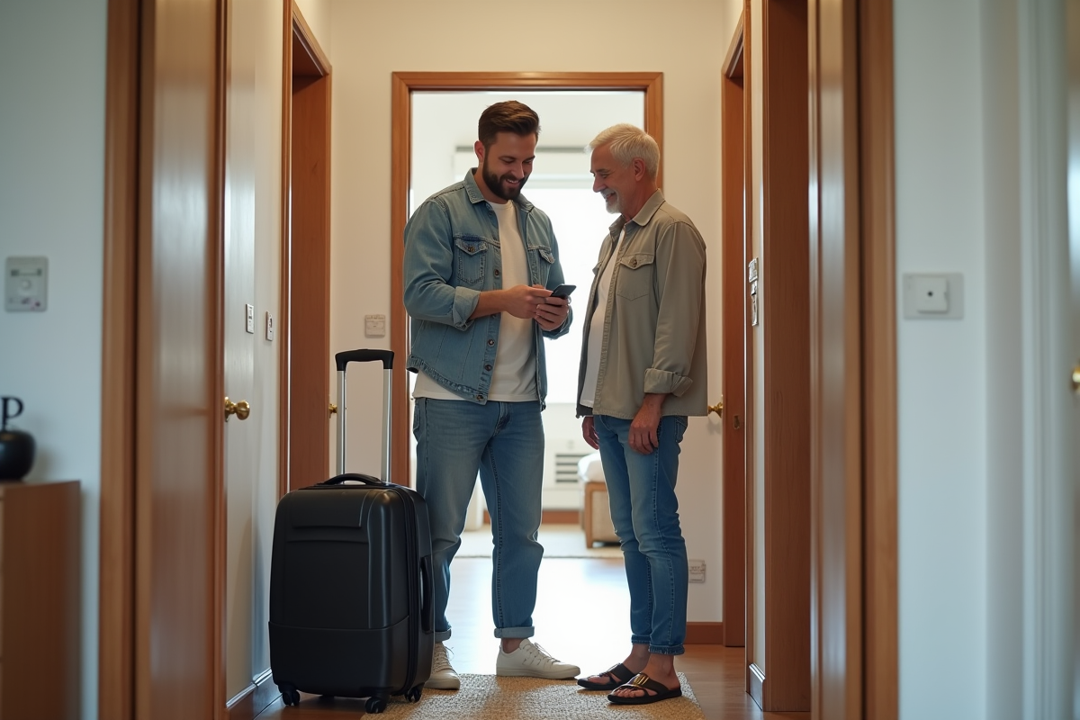 Jeune homme montrant une facture sur smartphone à un couple dans un couloir Airbnb