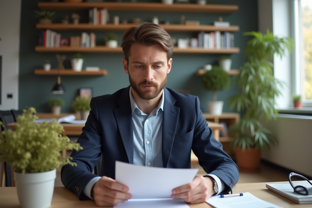 Jeune homme professionnel lisant des documents de location