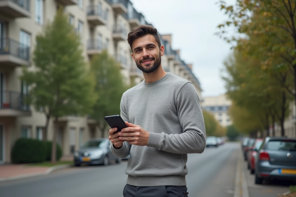 Jeune salarié utilisant AL'in sur smartphone devant un immeuble résidentiel pour une demande de logement