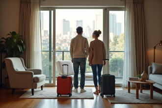 Jeune couple avec bagages dans un salon Airbnb moderne