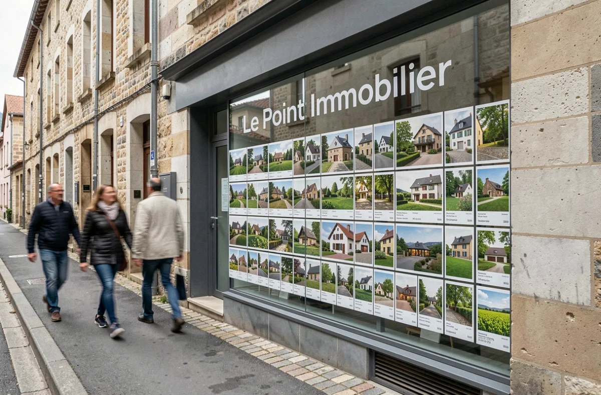 Vitrine de l'agence Le Point Immobilier avec des annonces de maisons corréziennes affichées en devanture